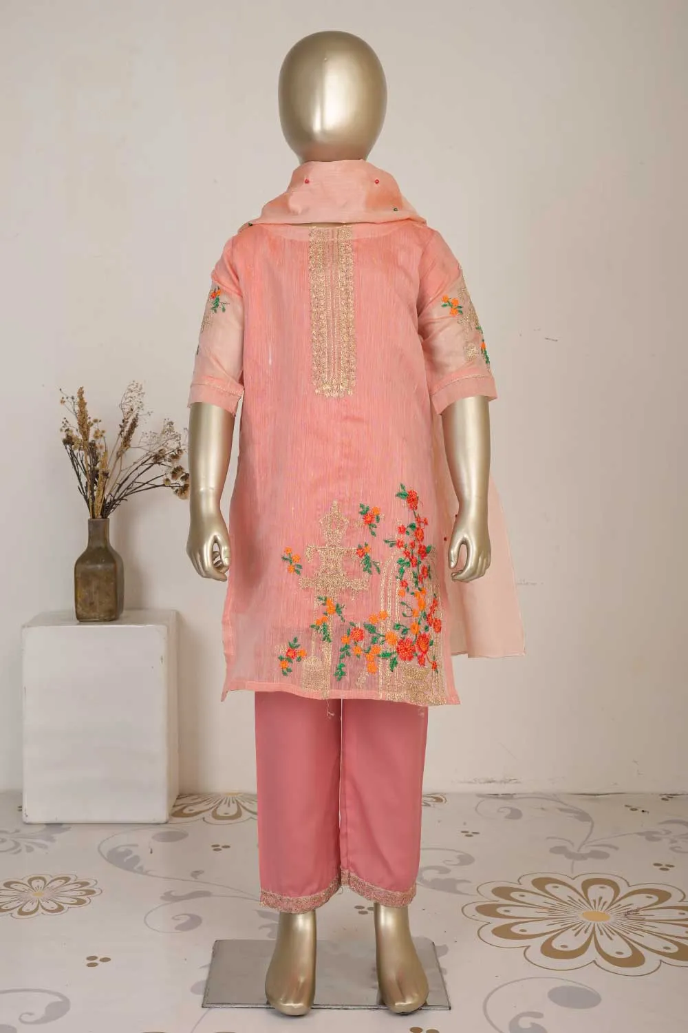 TKF-04-Pink - 3Pc Kids Formal Stitched Dress
