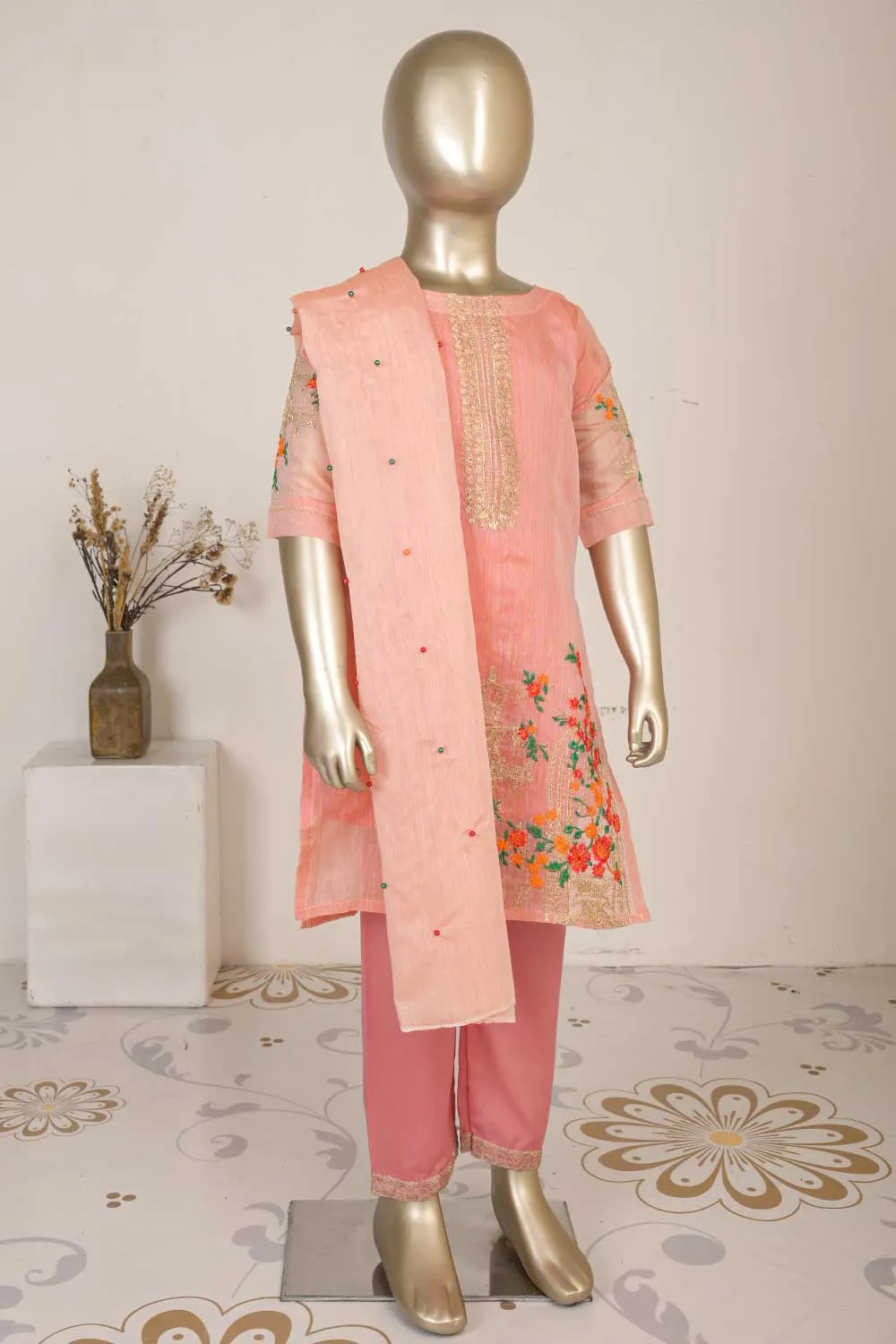 TKF-04-Pink - 3Pc Kids Formal Stitched Dress