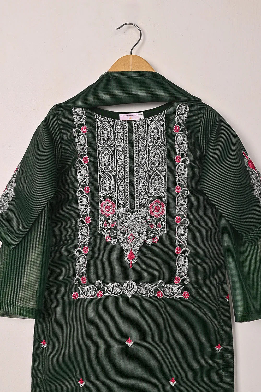 TKF-283-Bottle Green - Kids 3Pc Ready to Wear Javeria Net Embroidered Formal Dress