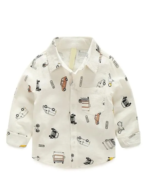 Toddler Boys Cars Printed White Long-sleeved Shirt