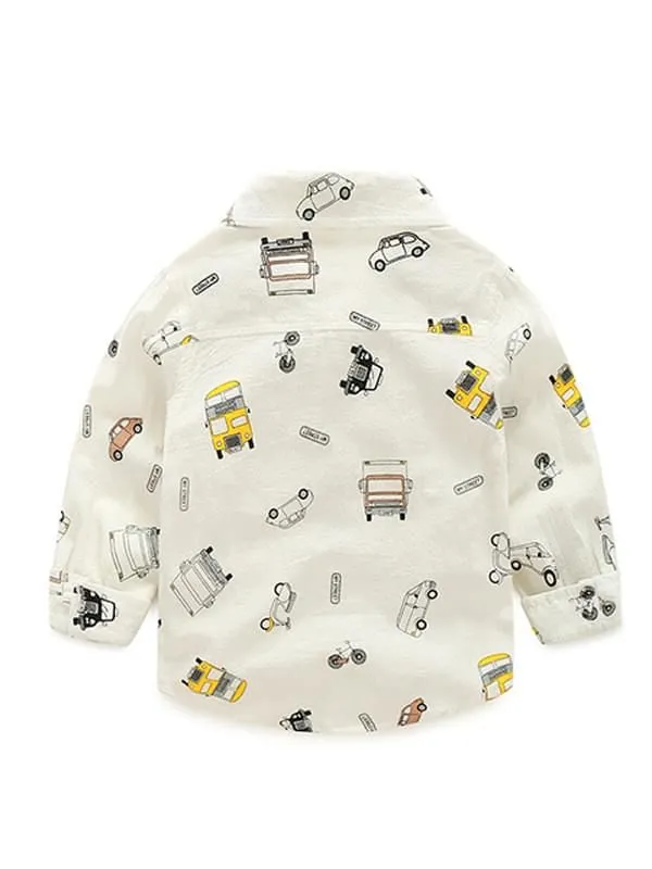 Toddler Boys Cars Printed White Long-sleeved Shirt
