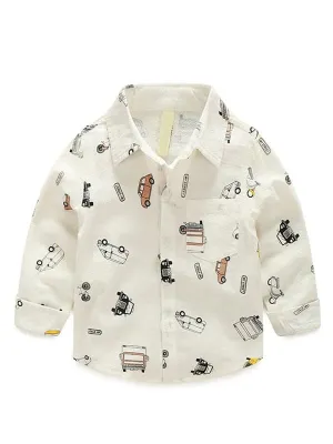 Toddler Boys Cars Printed White Long-sleeved Shirt