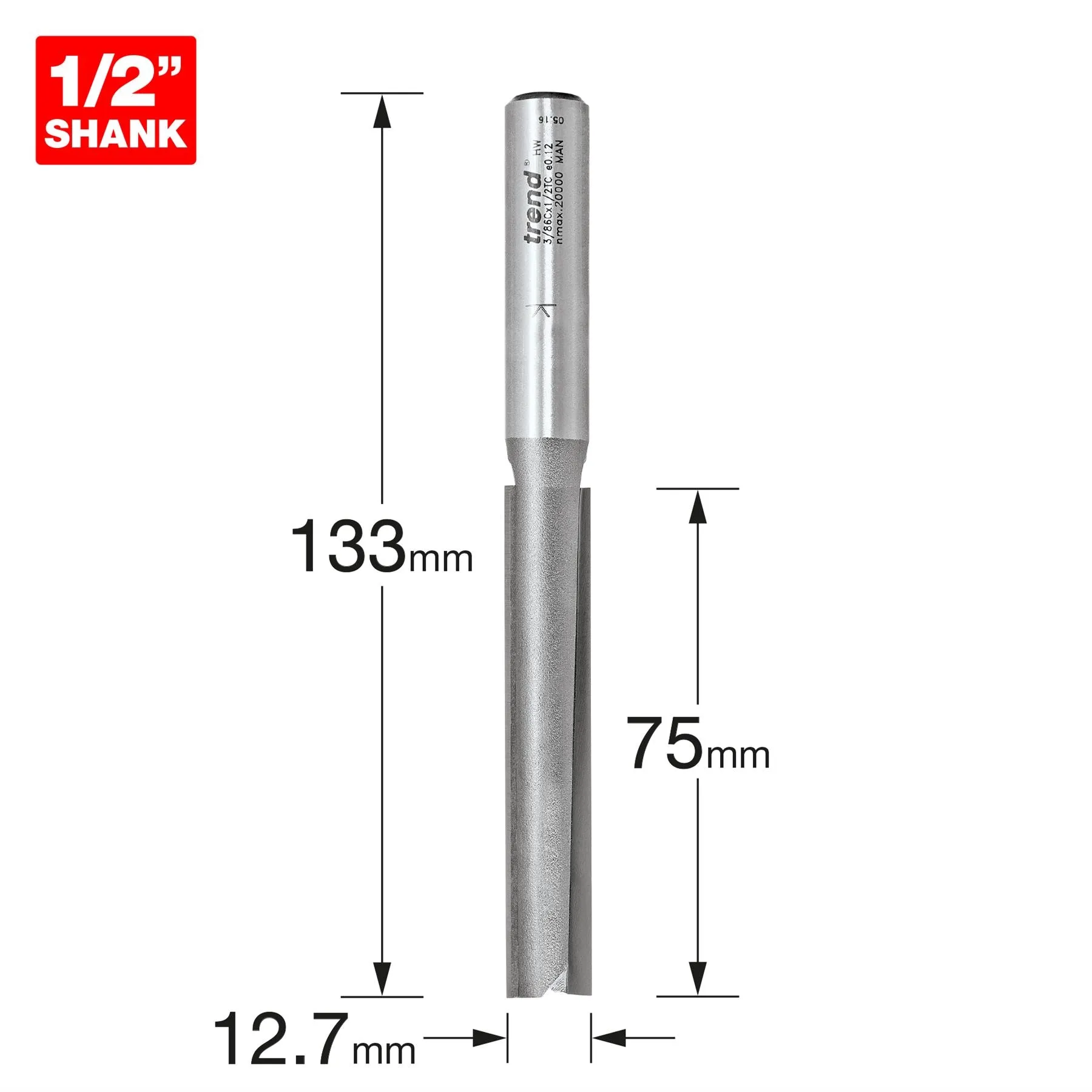 Trend Two Flute 12.7mm Dia X 75mm Cut  3/86CX1/2TC