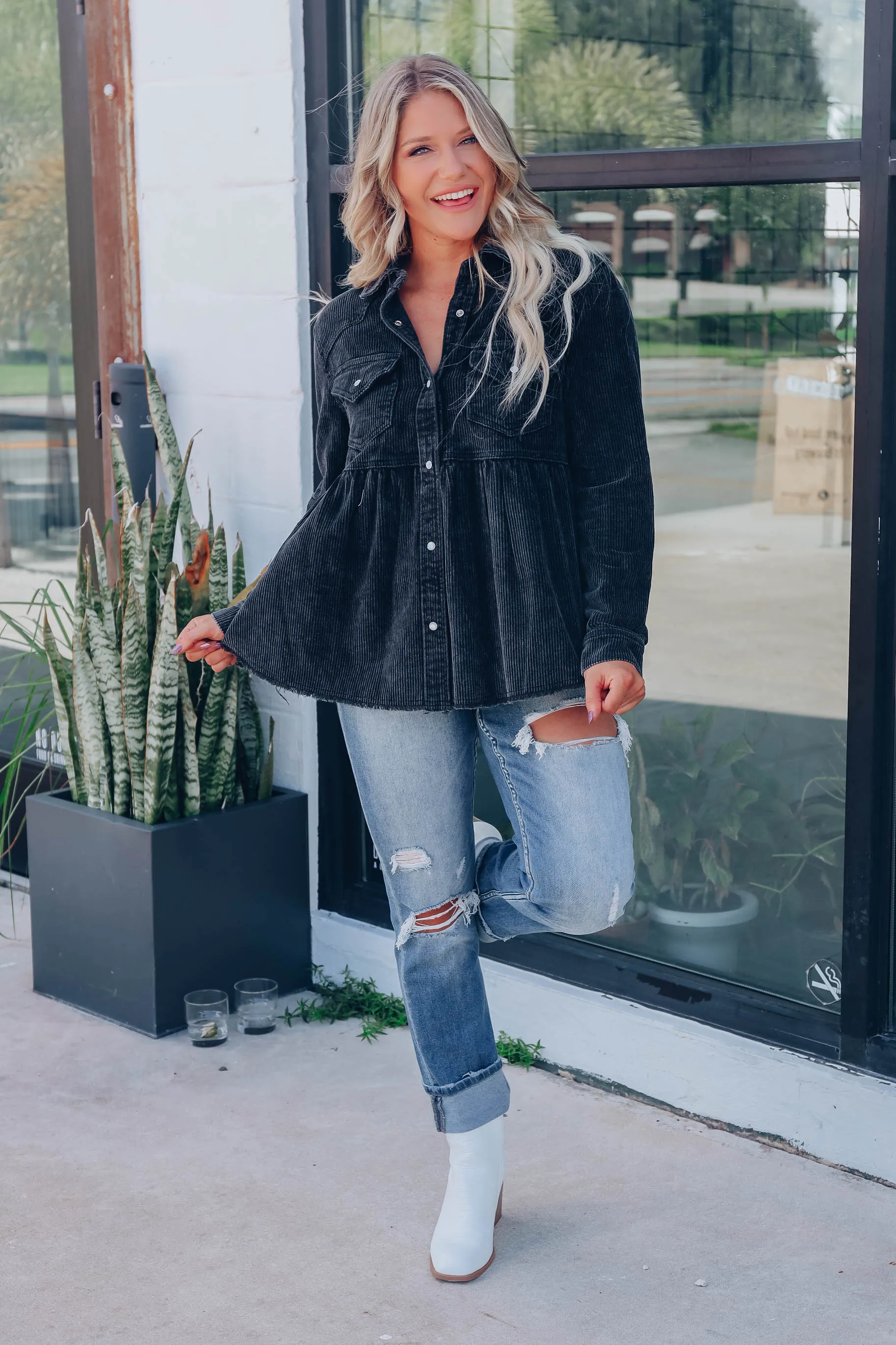 Truly Western Corduroy Babydoll Shirt - Black