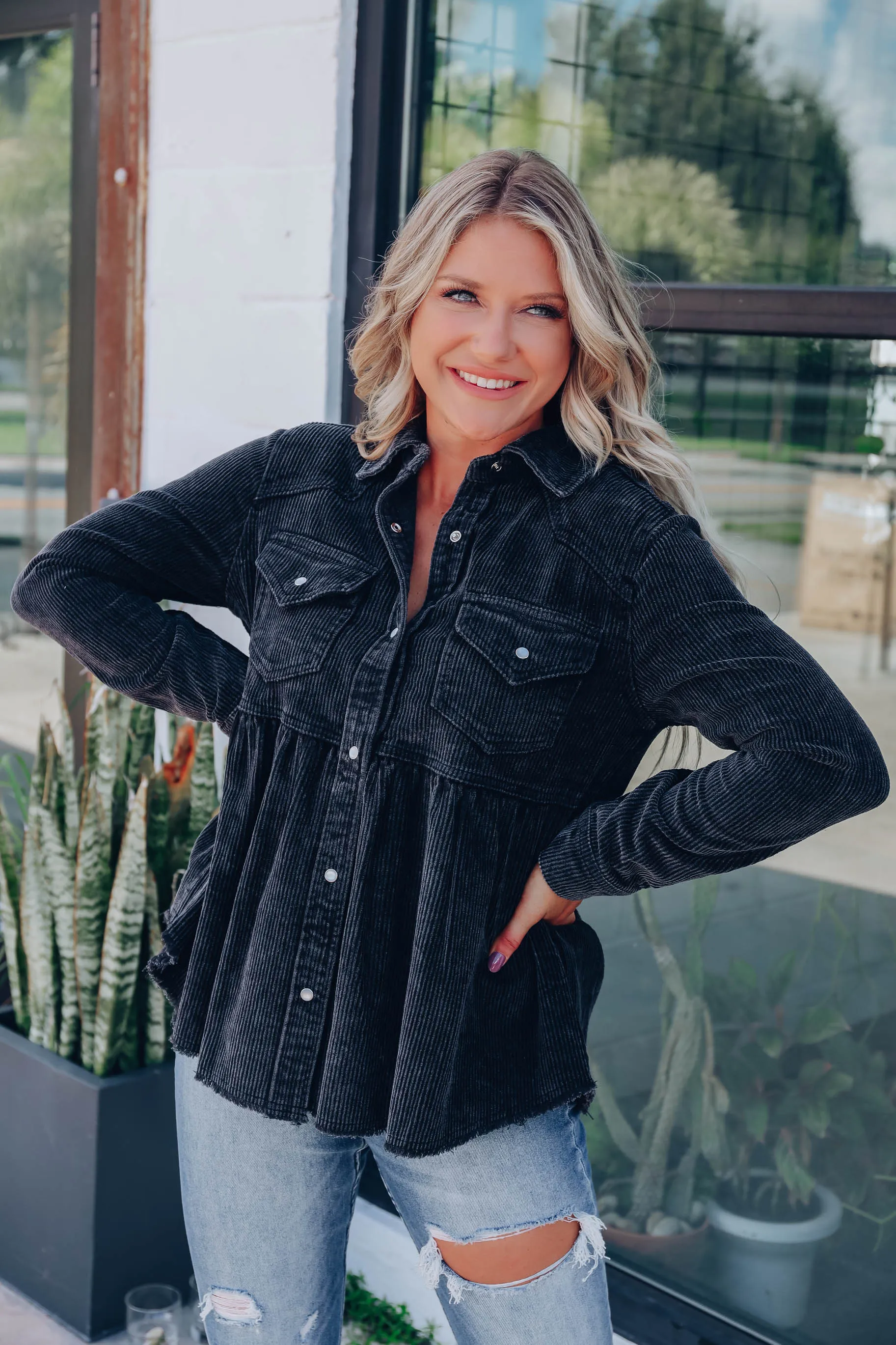Truly Western Corduroy Babydoll Shirt - Black