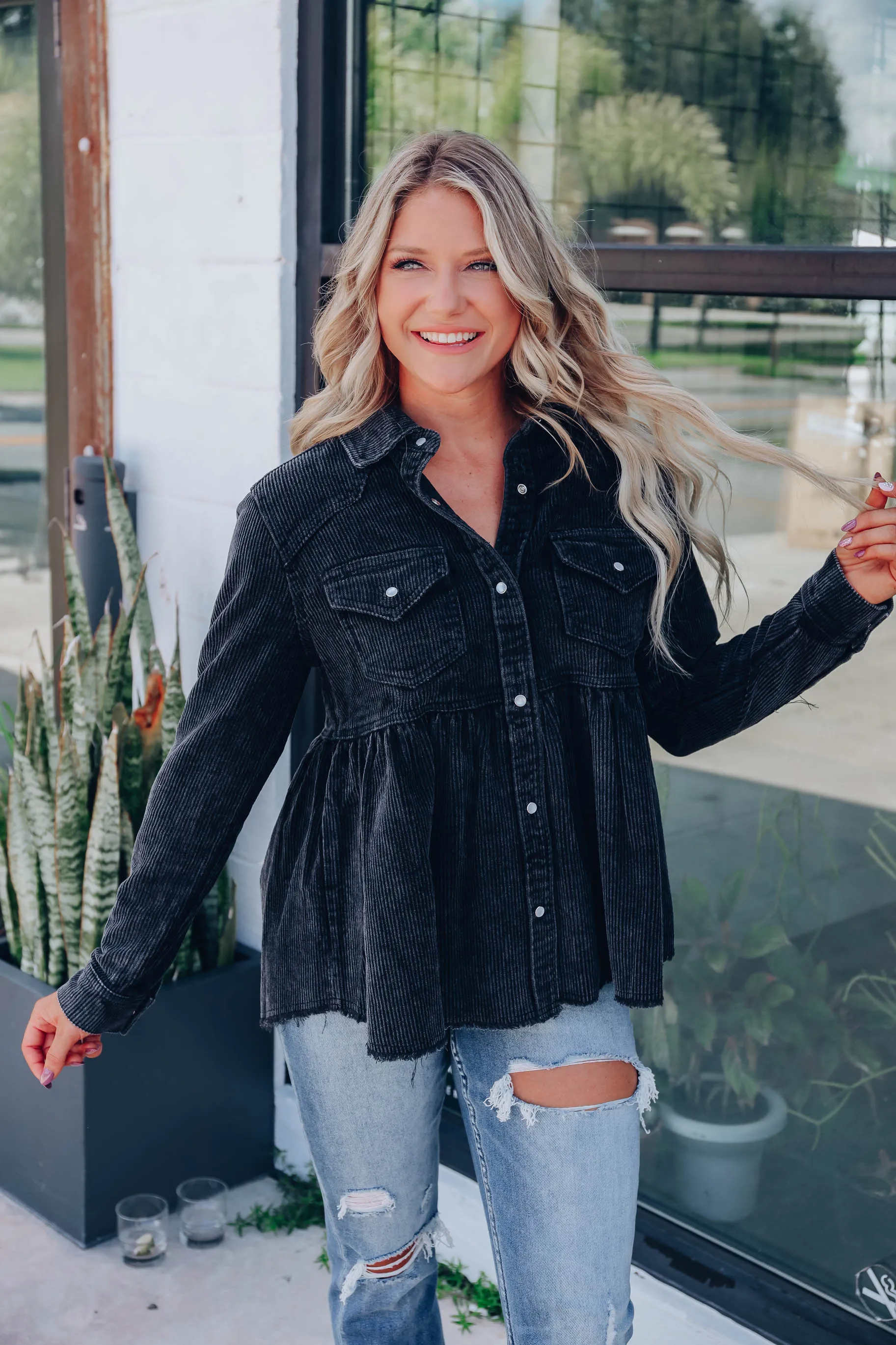 Truly Western Corduroy Babydoll Shirt - Black