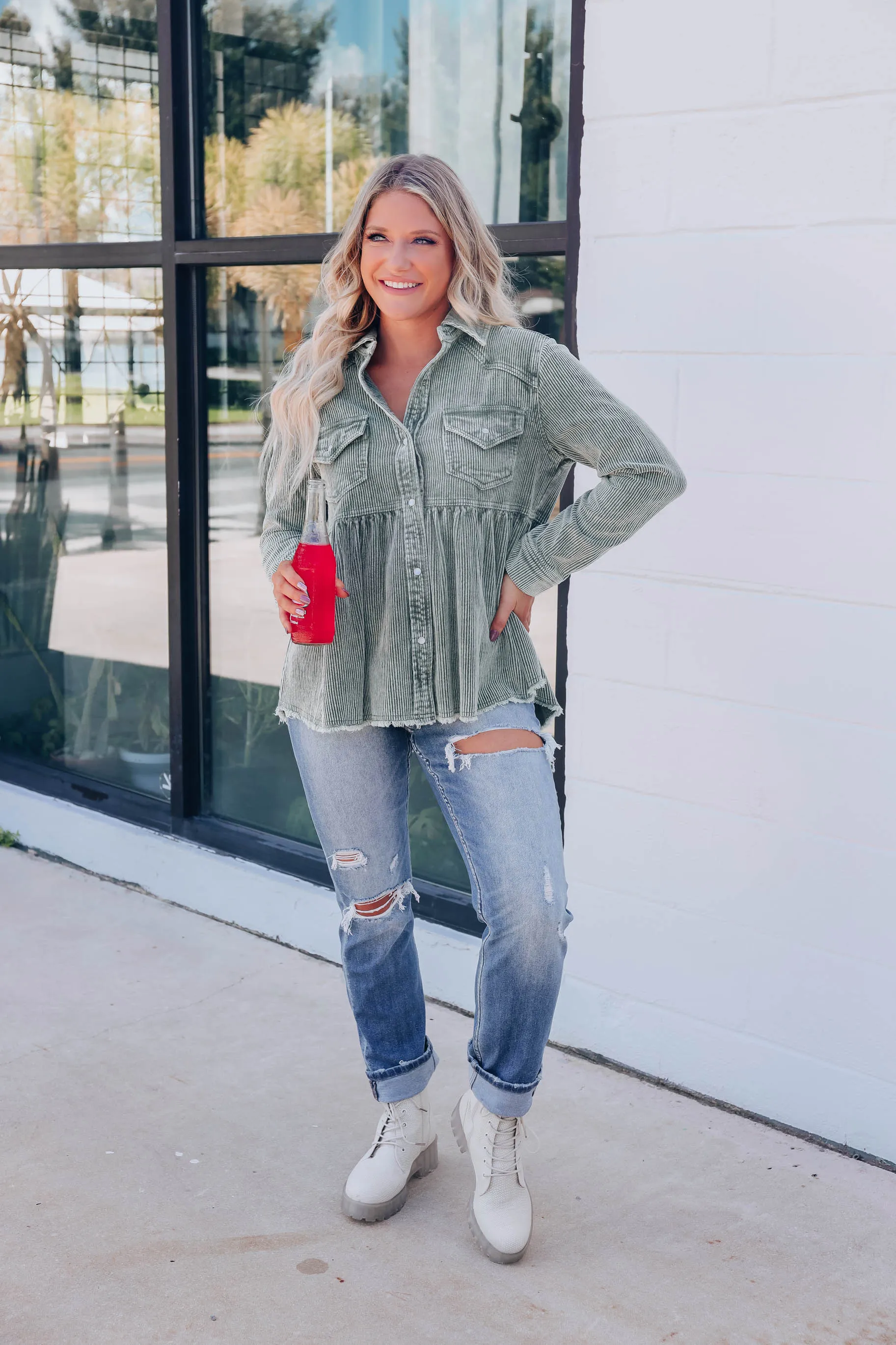 Truly Western Corduroy Babydoll Shirt - Olive