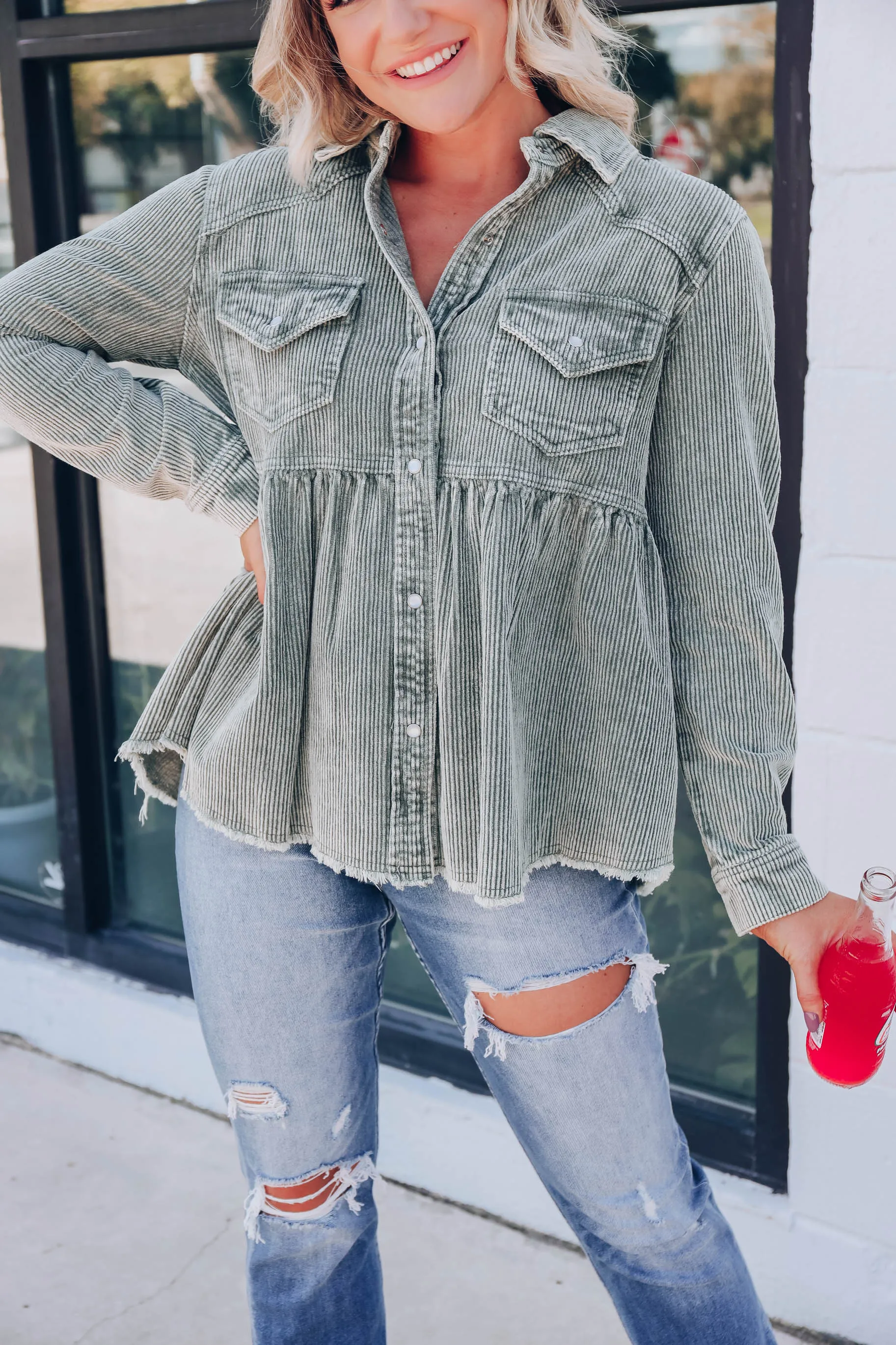 Truly Western Corduroy Babydoll Shirt - Olive