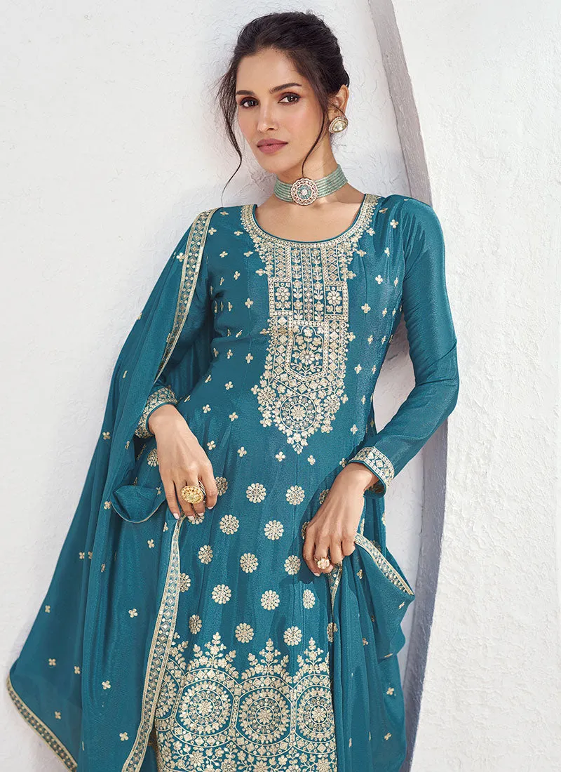 Turquoise Sequence Embroidery Anarkali Style Palazzo Suit