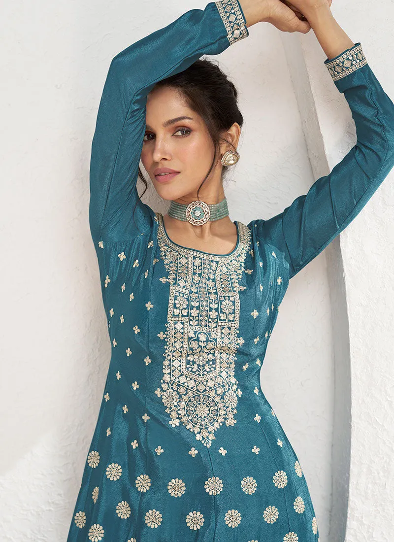 Turquoise Sequence Embroidery Anarkali Style Palazzo Suit