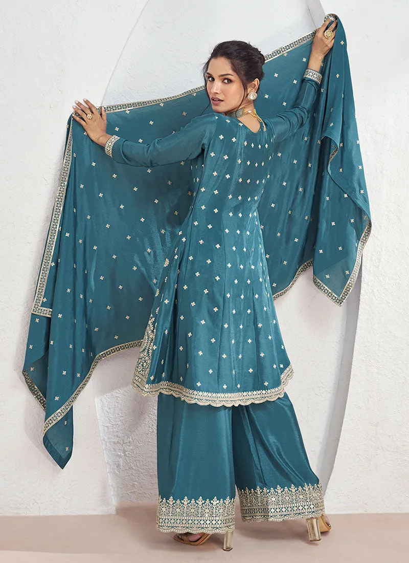 Turquoise Sequence Embroidery Anarkali Style Palazzo Suit