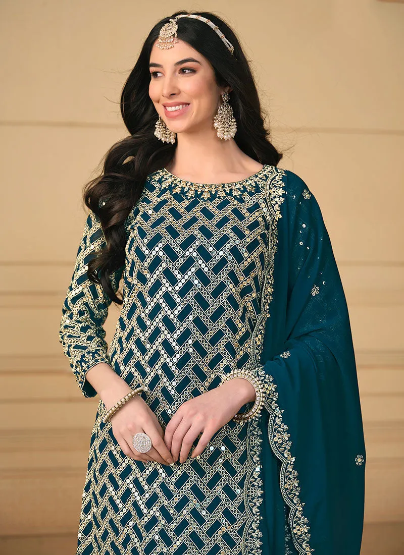 Turquoise Sequence Embroidery Traditional Gharara Suit