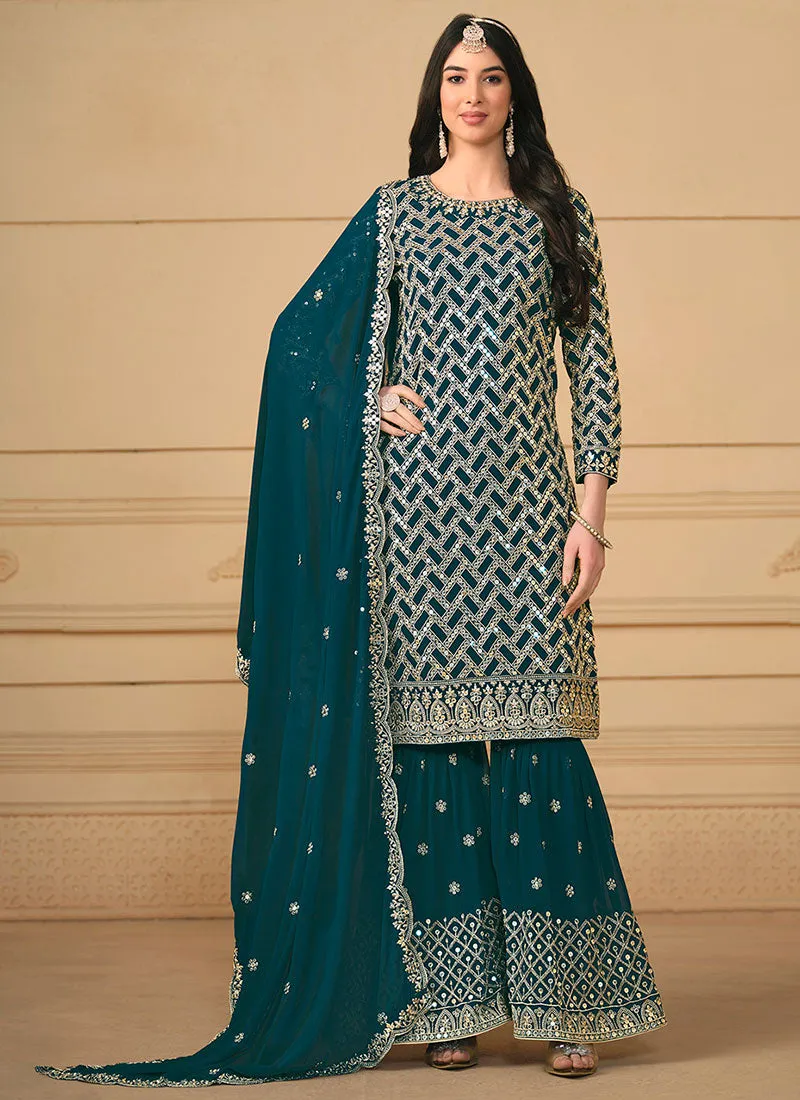 Turquoise Sequence Embroidery Traditional Gharara Suit