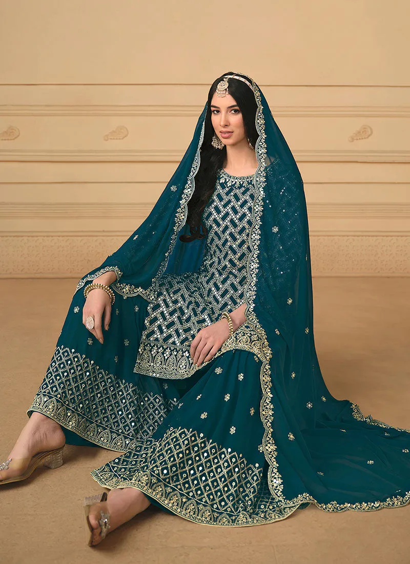 Turquoise Sequence Embroidery Traditional Gharara Suit