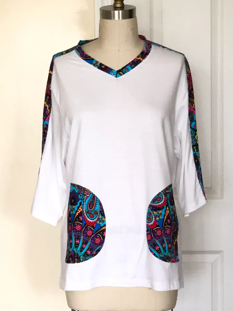 Upcycled White T-Shirt with Patchwork #169P