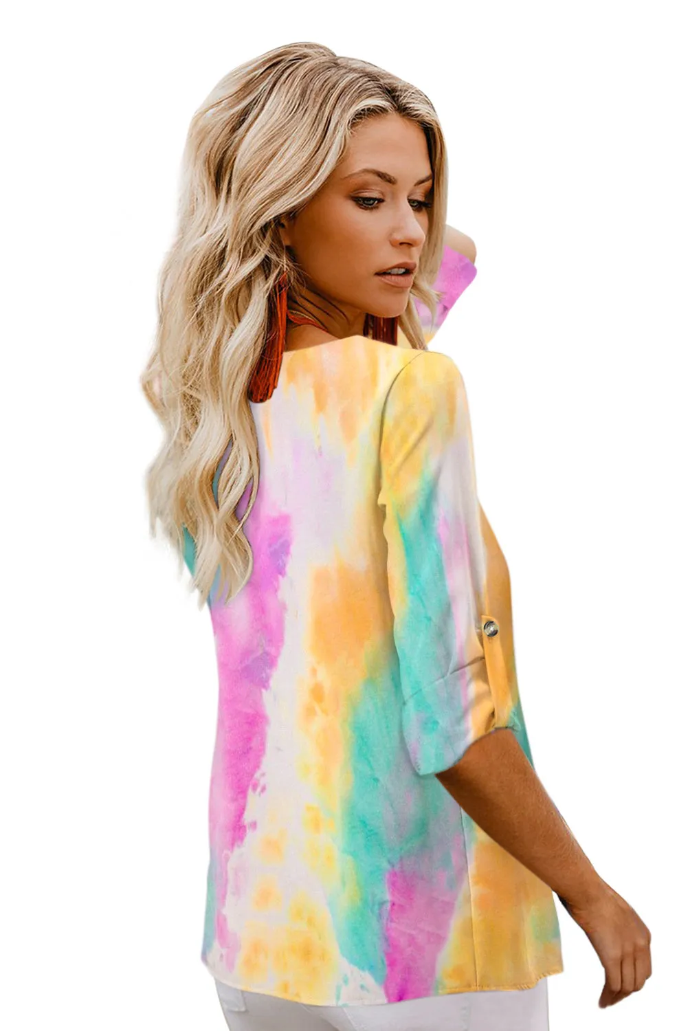 V-neck Long Sleeve Tie-dye Blouse With Buttons Closure