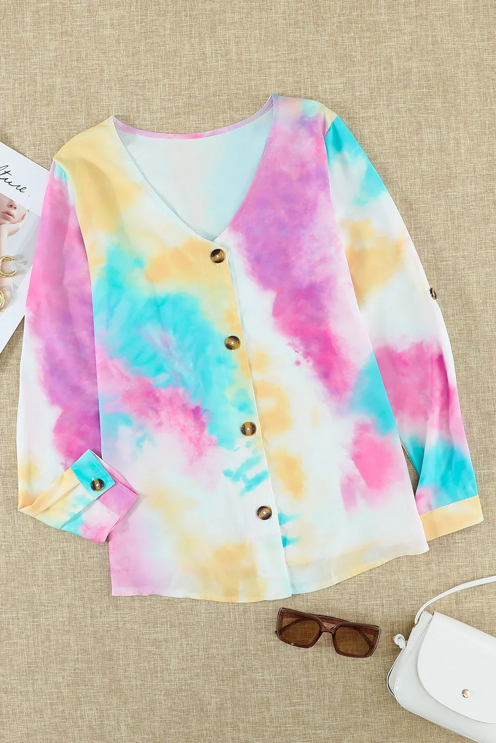 V-neck Long Sleeve Tie-dye Blouse With Buttons Closure