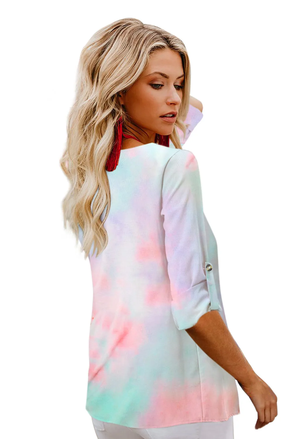V-neck Long Sleeve Tie-dye Blouse With Buttons Closure