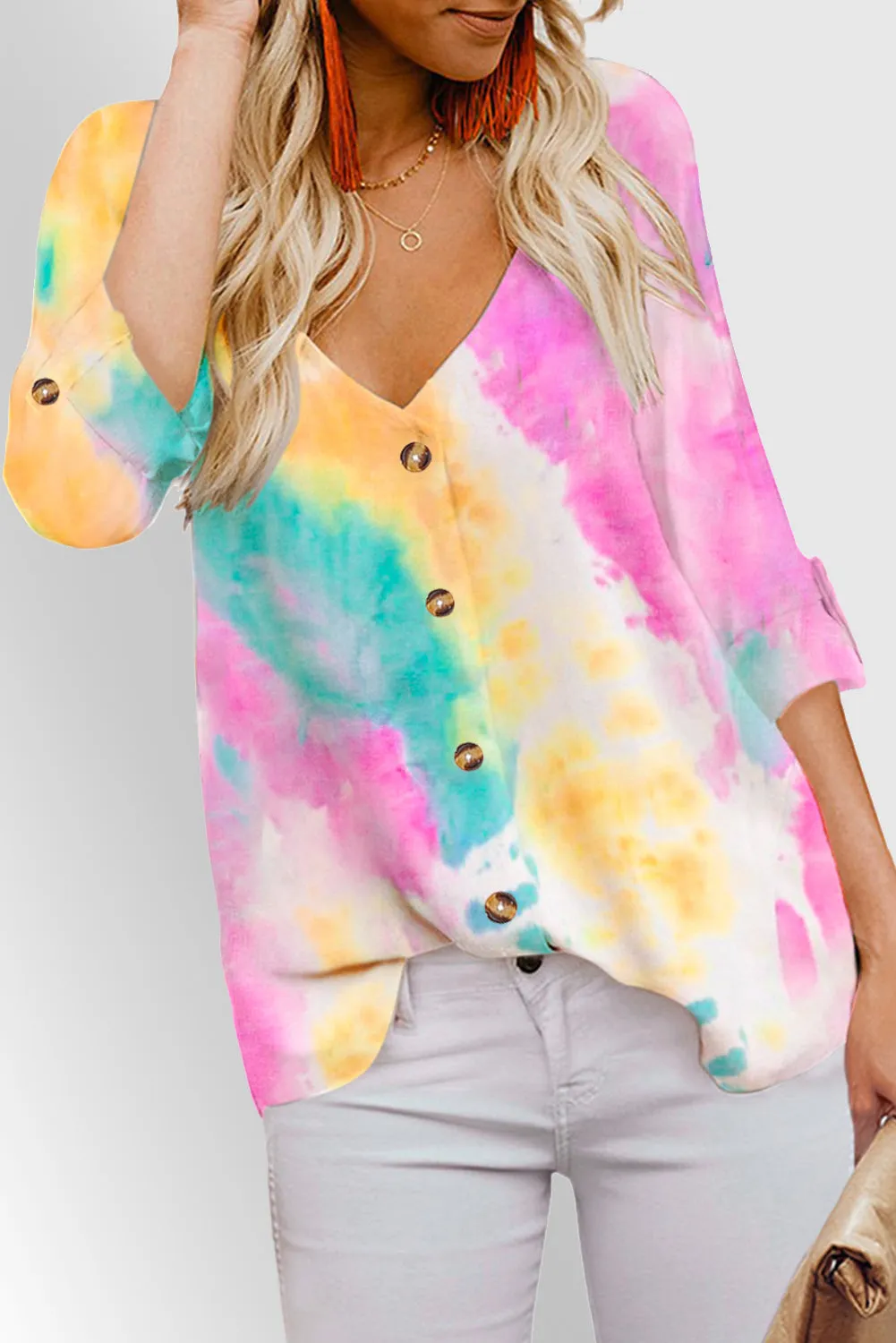 V-neck Long Sleeve Tie-dye Blouse With Buttons Closure