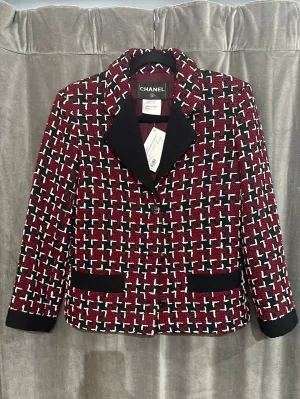 Vintage: CHANEL Red Black and White Blazer with Silver Inside Chain