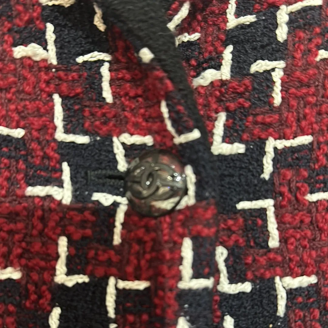 Vintage: CHANEL Red Black and White Blazer with Silver Inside Chain