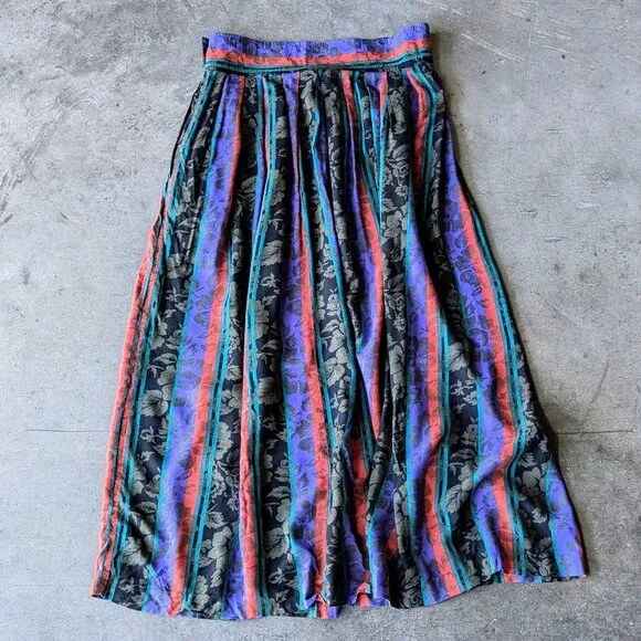 Vintage Diane Von Furstenberg Union Made Striped Pleated Midi Skirt with Pockets