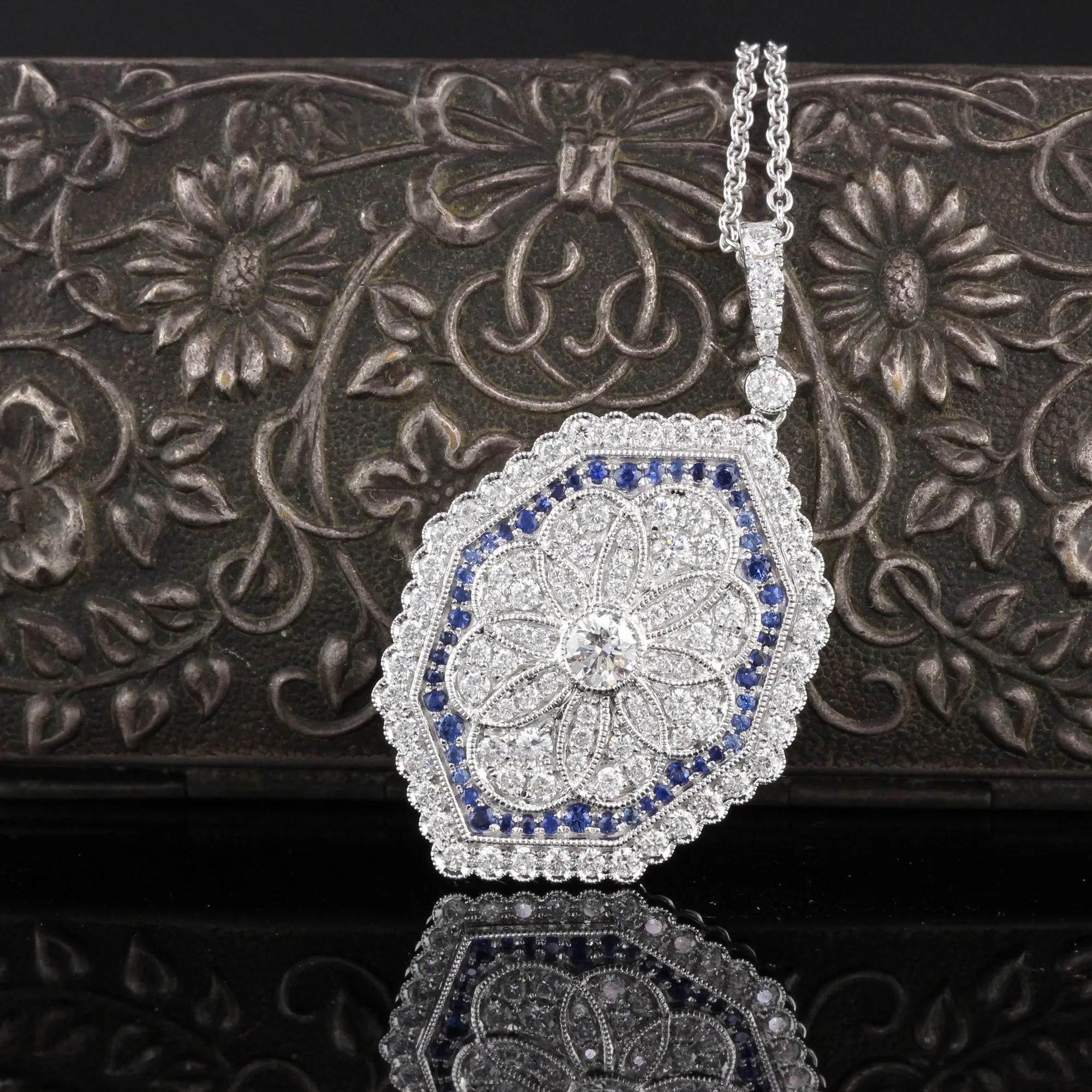 Vintage Estate 18K White Gold Diamond and Sapphire Necklace