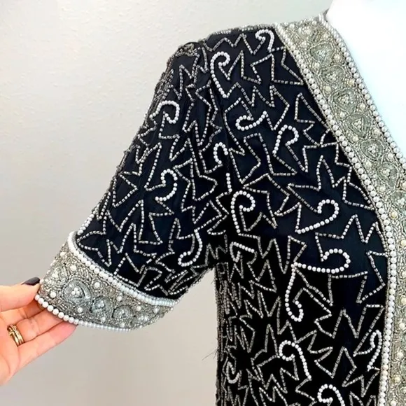 Vintage silk beaded Laurence Kazar short sleeve formal jacket party, wedding EUC