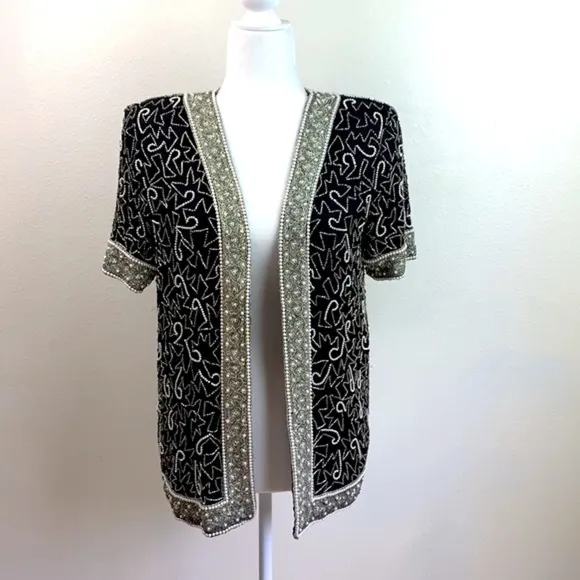 Vintage silk beaded Laurence Kazar short sleeve formal jacket party, wedding EUC