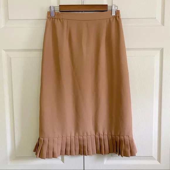Vintage Stretch Waist Midi Camel Pleated Hem Skirt