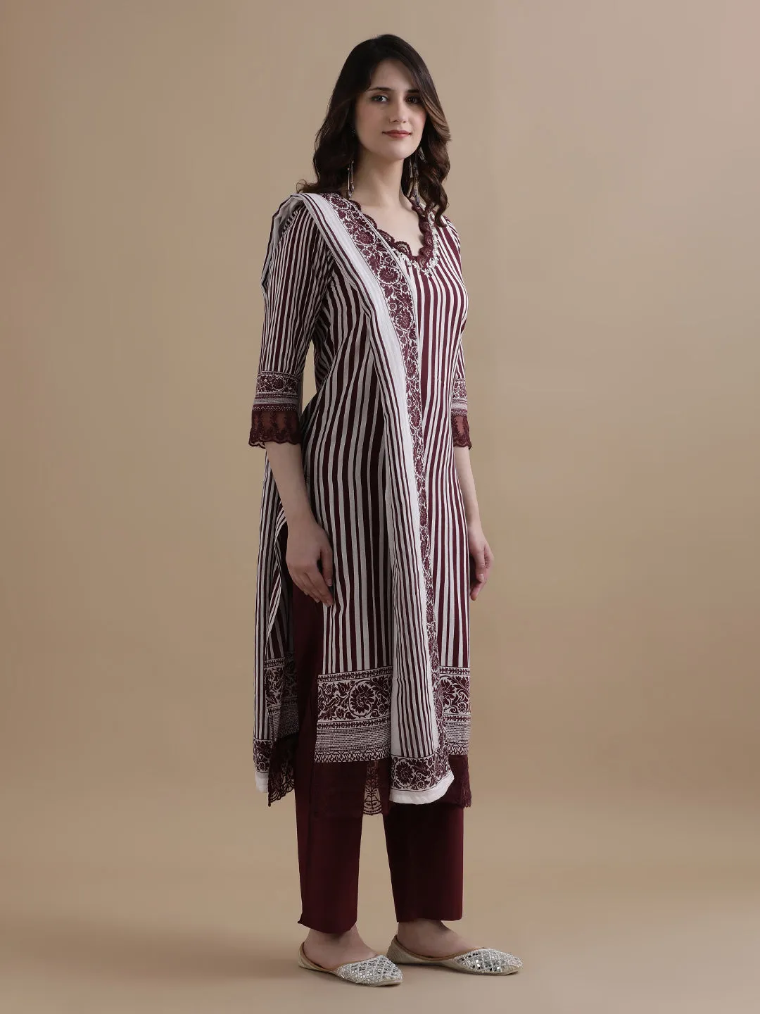 Violet Striped Printed Thread Work Pure Cotton Kurta With Pant & Mulmul Dupatta