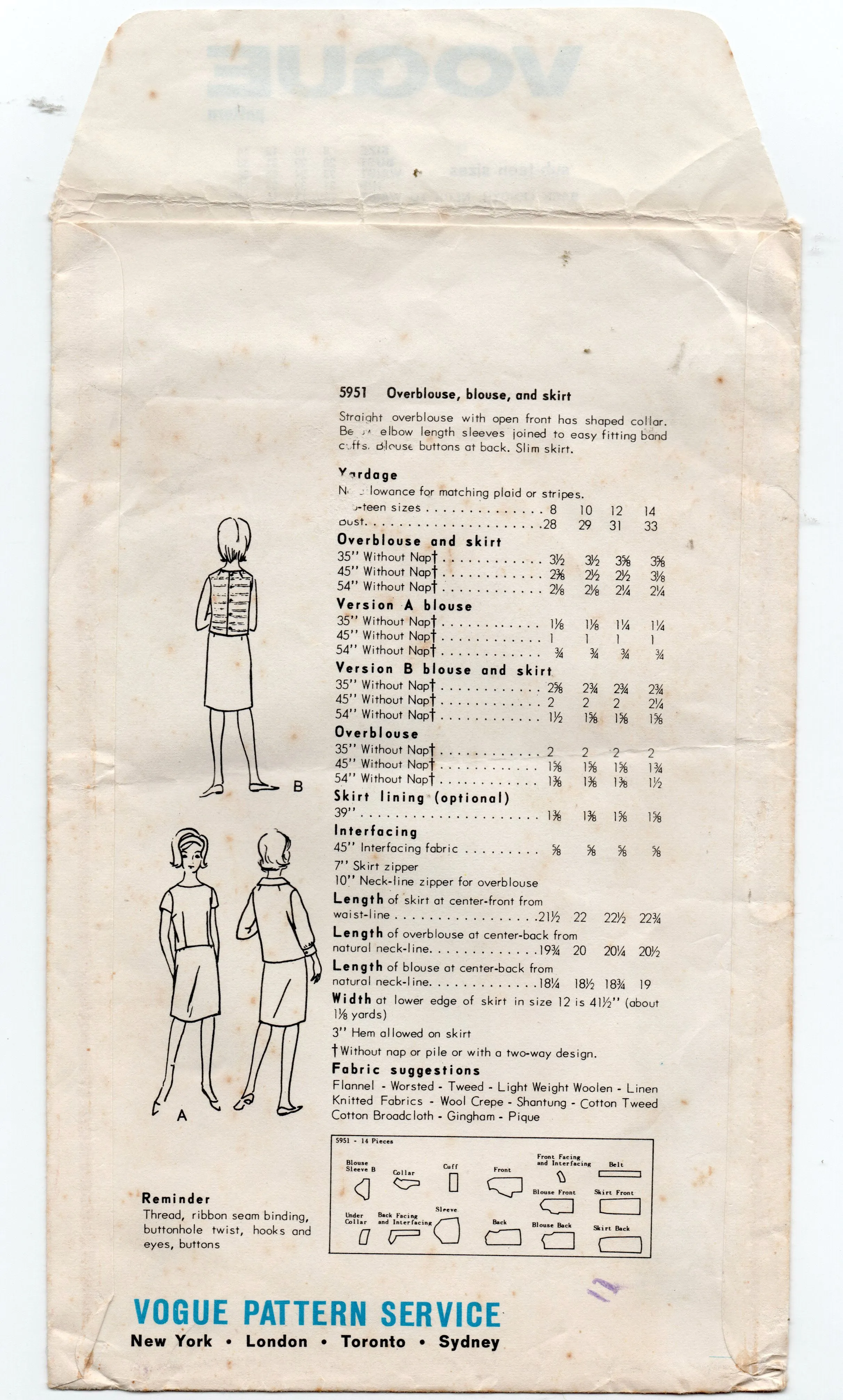 Vogue 5951 Sub Teen Girls Pullover Top Blouse & Skirt 1960s Vintage Sewing Pattern Size 10