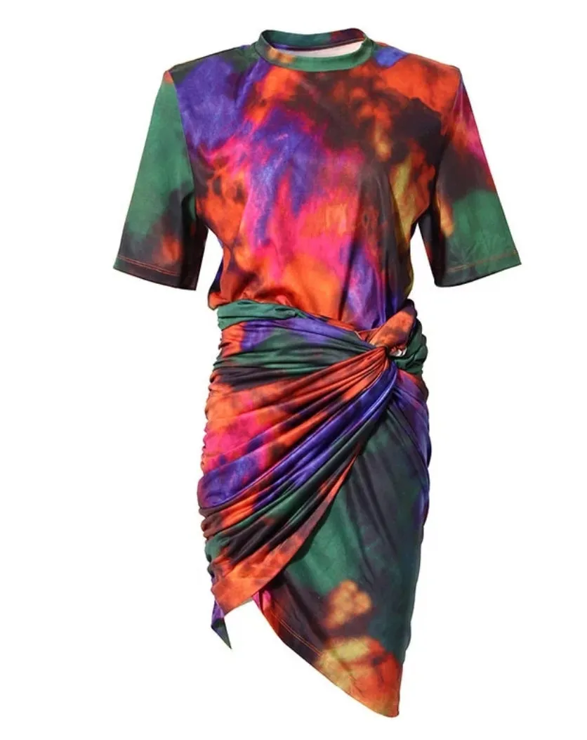 Wealth of Colors- Tshirt and ASYMMERICAL RUCHED Skirt Set (New)