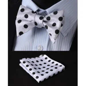White & Black Mens Silk Self tie Bow Tie with Pocket Squares Set