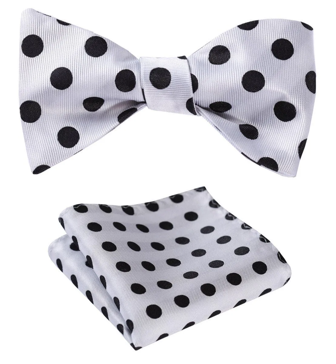 White & Black Mens Silk Self tie Bow Tie with Pocket Squares Set