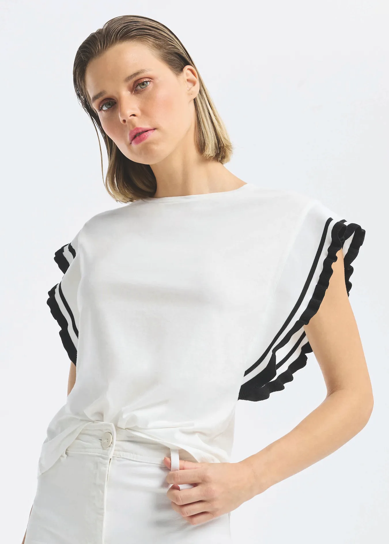 White Blouse Black Ruffle Sleeve