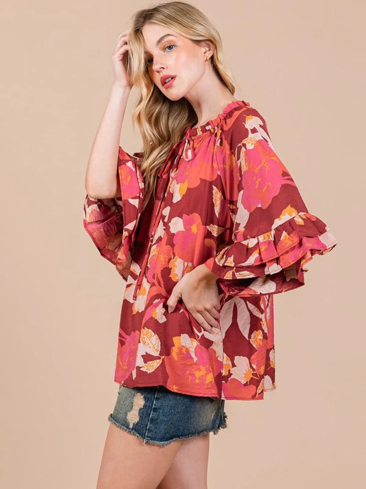 WOMEN'S 3/4 RUFFLE SLEEVE FLORAL PRINT TUNIC BLOUSE