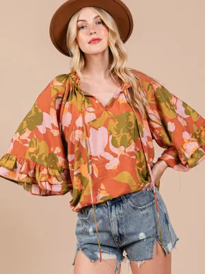WOMEN'S 3/4 RUFFLE SLEEVE FLORAL PRINT TUNIC BLOUSE