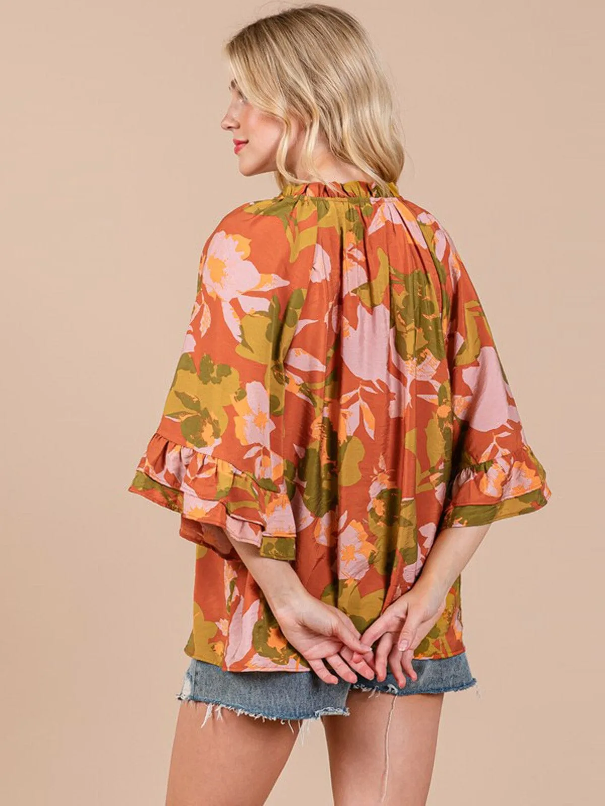 WOMEN'S 3/4 RUFFLE SLEEVE FLORAL PRINT TUNIC BLOUSE