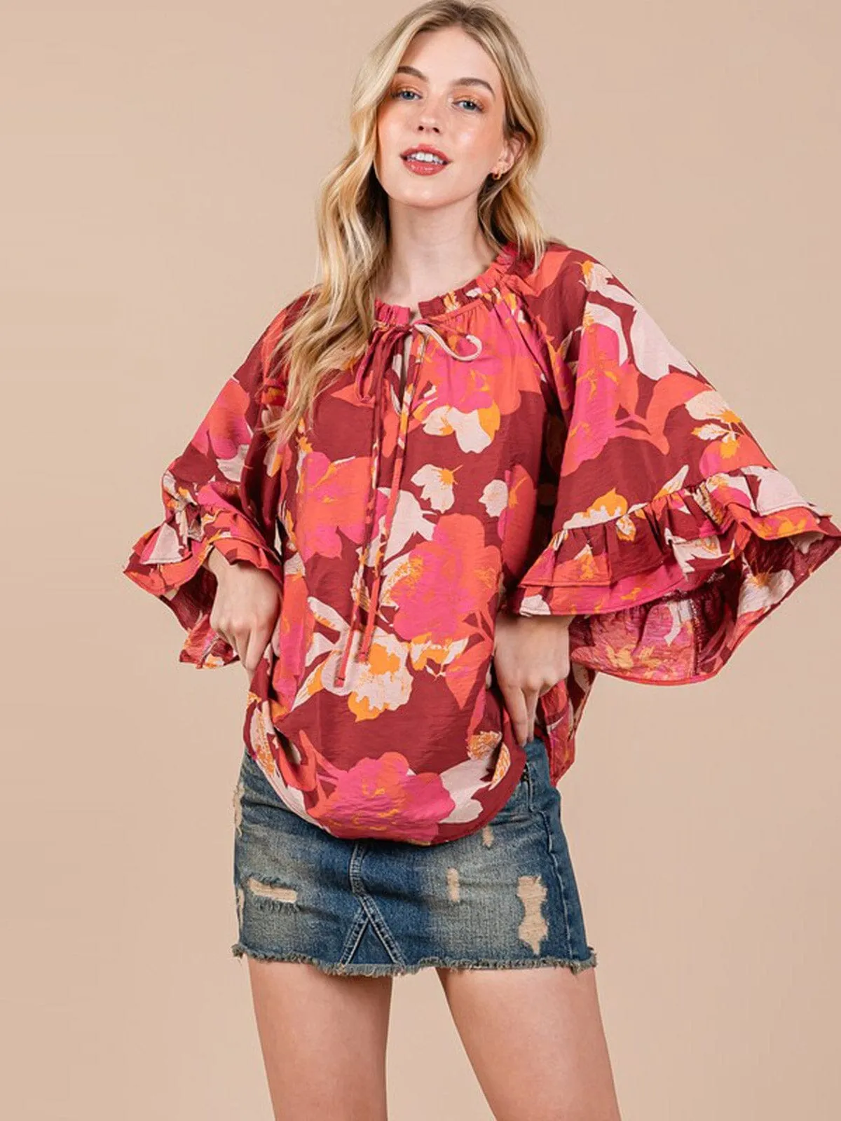 WOMEN'S 3/4 RUFFLE SLEEVE FLORAL PRINT TUNIC BLOUSE