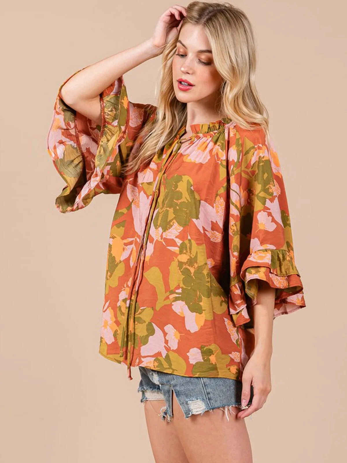 WOMEN'S 3/4 RUFFLE SLEEVE FLORAL PRINT TUNIC BLOUSE