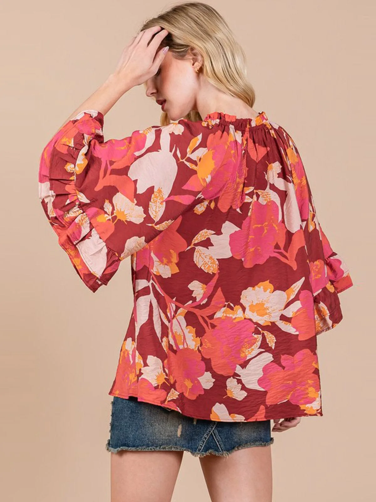 WOMEN'S 3/4 RUFFLE SLEEVE FLORAL PRINT TUNIC BLOUSE