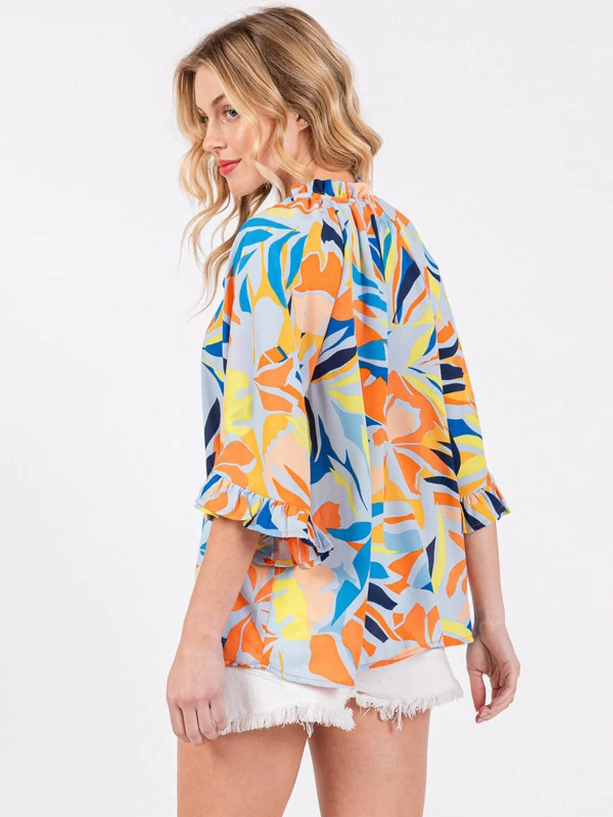 WOMEN'S 3/4 RUFFLE SLEEVE V-NECK MULTI PRINT BLOUSE
