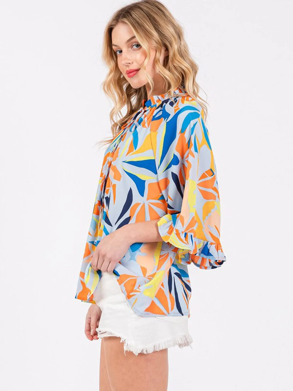 WOMEN'S 3/4 RUFFLE SLEEVE V-NECK MULTI PRINT BLOUSE