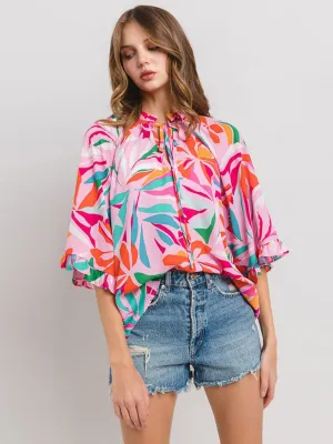 WOMEN'S 3/4 RUFFLE SLEEVE V-NECK MULTI PRINT BLOUSE