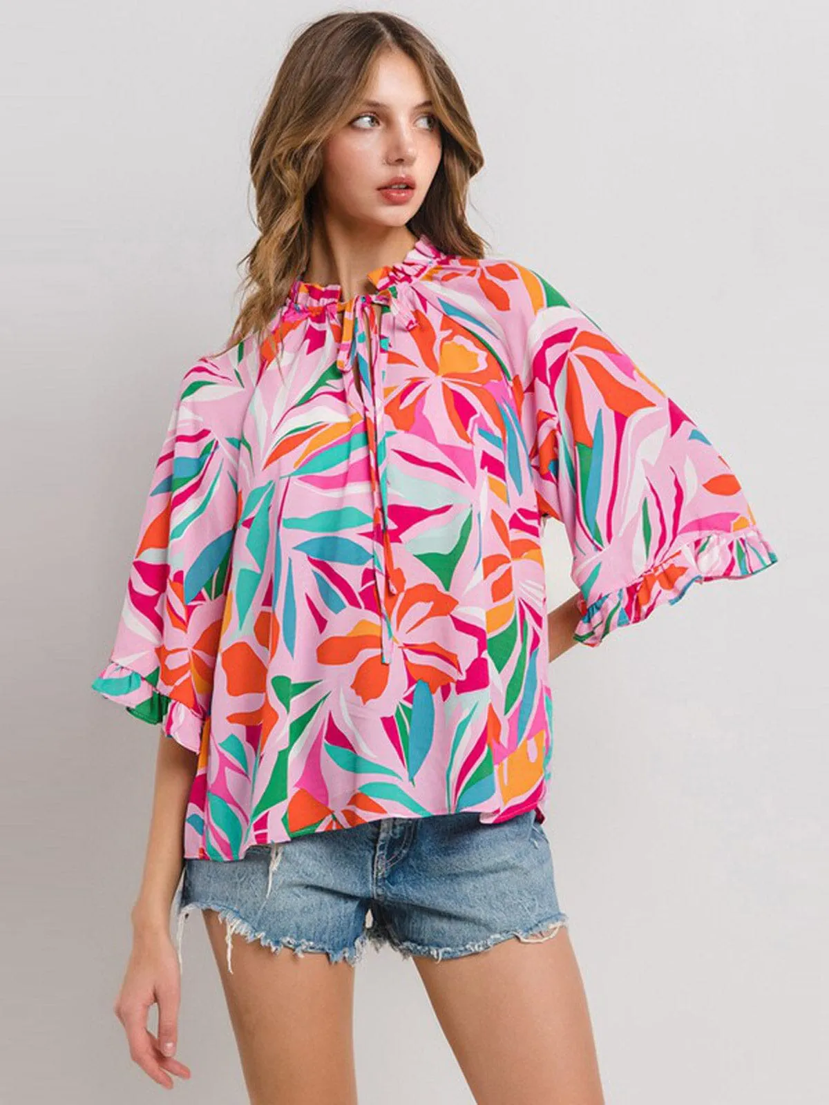 WOMEN'S 3/4 RUFFLE SLEEVE V-NECK MULTI PRINT BLOUSE