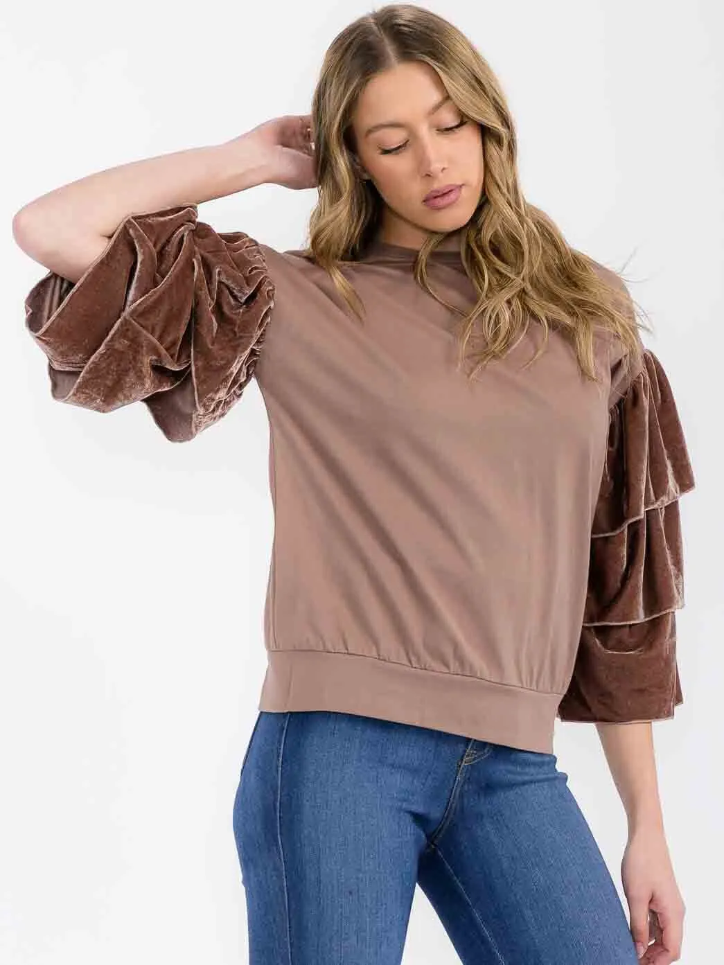 WOMEN'S 3/4 RUFFLE SLEEVE VELVET SOLID BLOUSE