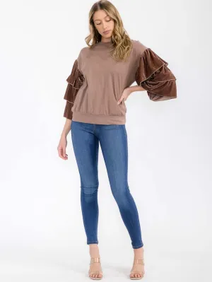 WOMEN'S 3/4 RUFFLE SLEEVE VELVET SOLID BLOUSE