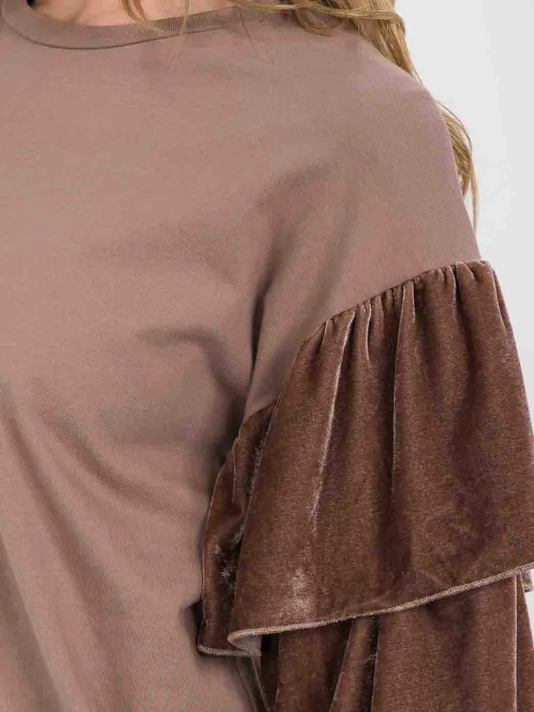 WOMEN'S 3/4 RUFFLE SLEEVE VELVET SOLID BLOUSE