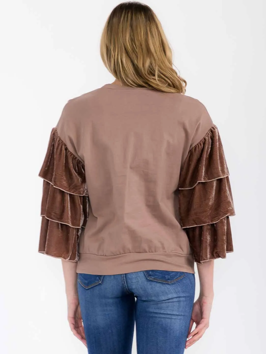 WOMEN'S 3/4 RUFFLE SLEEVE VELVET SOLID BLOUSE